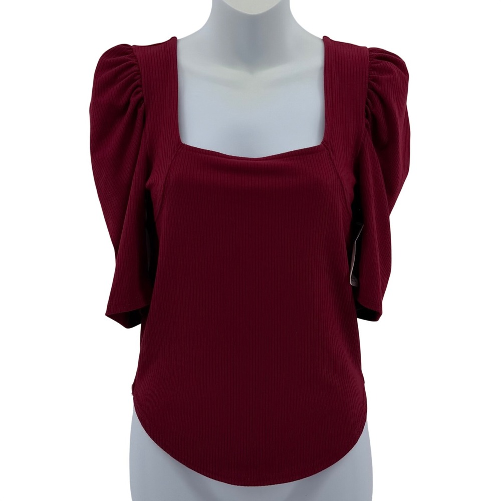 We The Free Free People Sienna Top Womens Ribbed Puff Sleeve Square Neck Red M